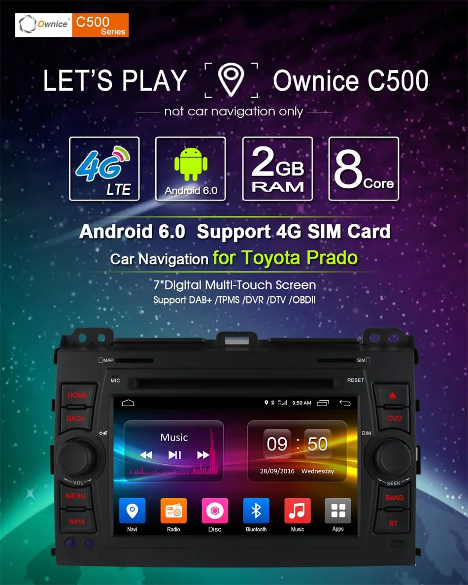 Top Ownice C500 4G SIM LTE Car DVD for Toyota Prado Land Cruiser 120 2002 - 2009 Android 6.0 Octa 8 Core 2G RAM 32G ROM Radio GPS BT 3