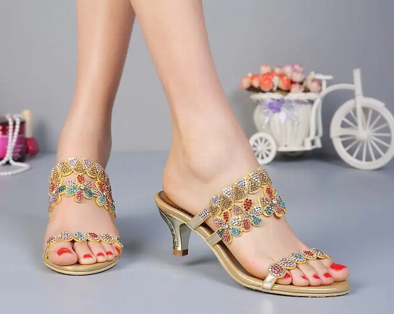 Mujeres Gold Colorido Verano Med De Talones Zapatos Del Sandalias 2018 Señoras Rhinestone Cómodo Flores Gladiador Cristal qxCwqZadF