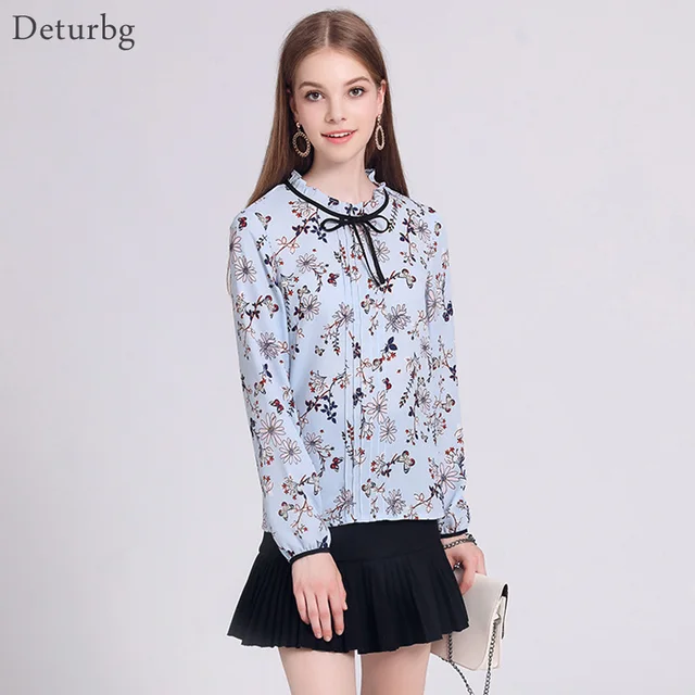 Deturbg Women's Cute Florals Print Blouse Ladies Casual Long Sleeve Bow Tie Office Blue Shirt Tops blusa S-XXL 2018 Autumn Br521