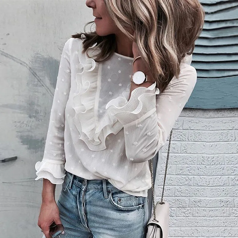2019 Spring Summer Fashion Polka Dot Flower Lace Women Blouses Round Neck Back Button Female Shirts Casual Ladies Tops WE069 (2)