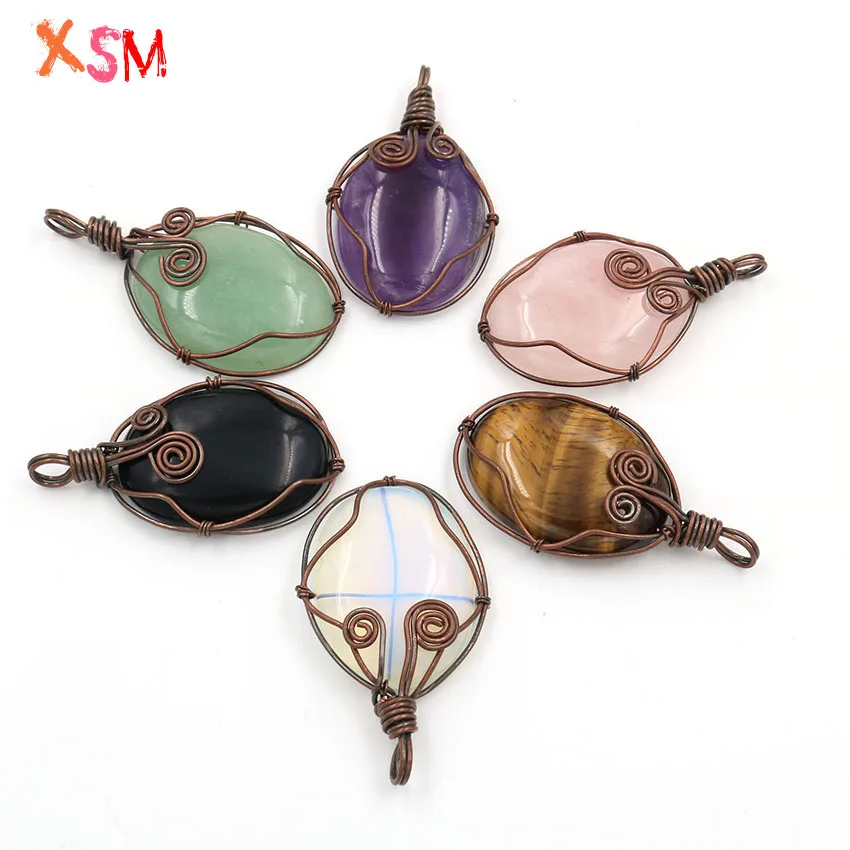 

xinshangmie 6 Pcs/Lot Retro Red Copper Natural Stone Elliptical Handmade Winding Pendant For Women Fashion Charm Jewelry Gift