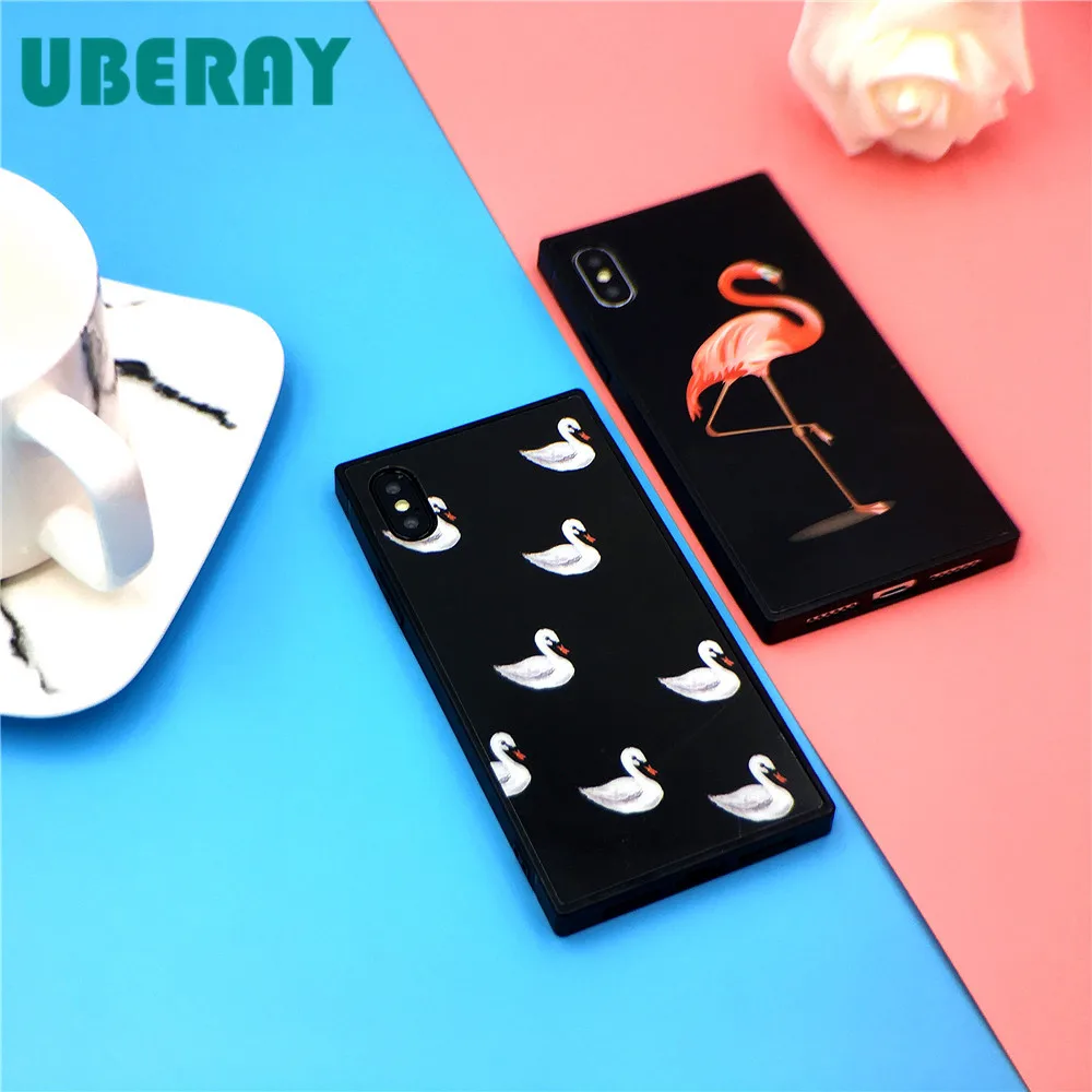 

UBERAY Square Case For iPhone X iPhone 7 Plus Phone Cases Soft Silicone Cover Cute Swan Flamingo Coque For iPhone 8 Accessory