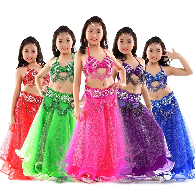 2018 Stage Performance New Arrivals Children Dance Wear Beaded Outfits Belly Costume Bra Belt Mesh Skirt #814 | Тематическая одежда