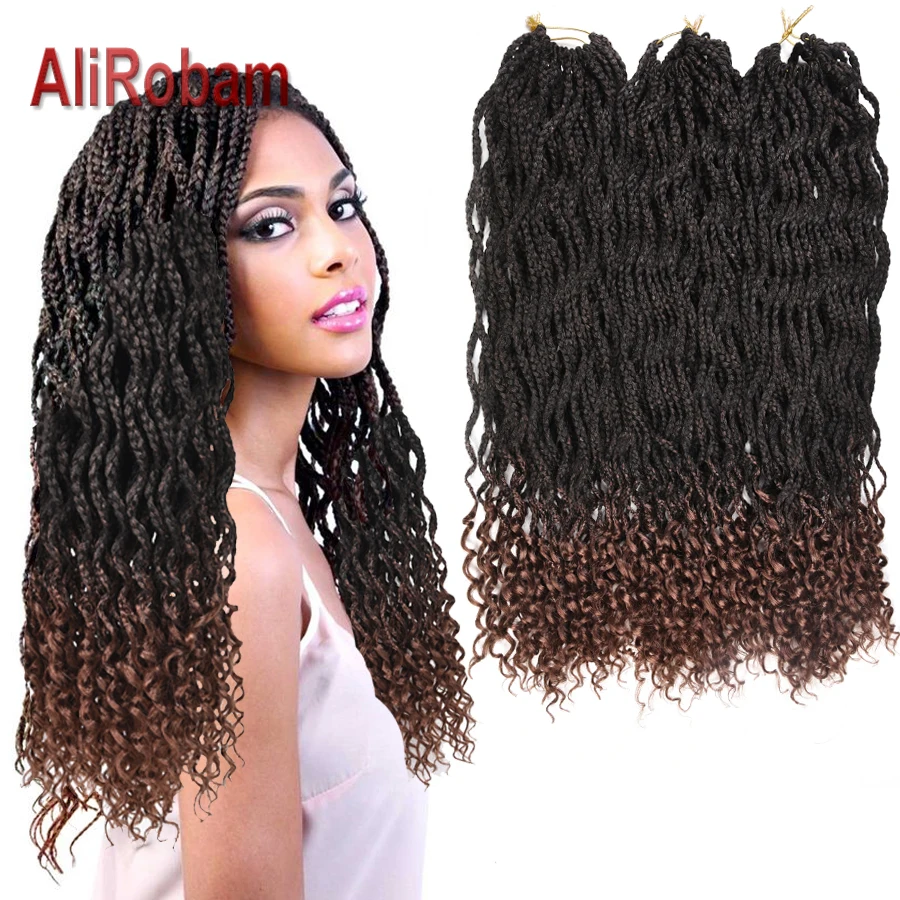 AliRobam 18/24 Inch Ombre коричневый крючком, плетение коробка косы корни вьющиеся конец Kanekalon Синтетические пряди для наращивания волос 24strands/пакет