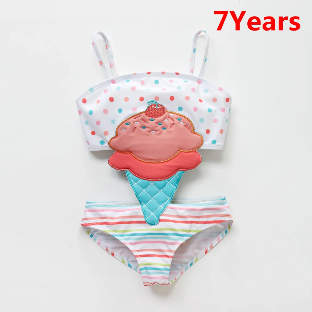 Kavkas/летний купальник для маленьких девочек с вышивкой в виде мороженого; цельный купальник в стиле пэчворк; пляжная одежда для девочек; купальный костюм для малышей - Цвет: 7 years
