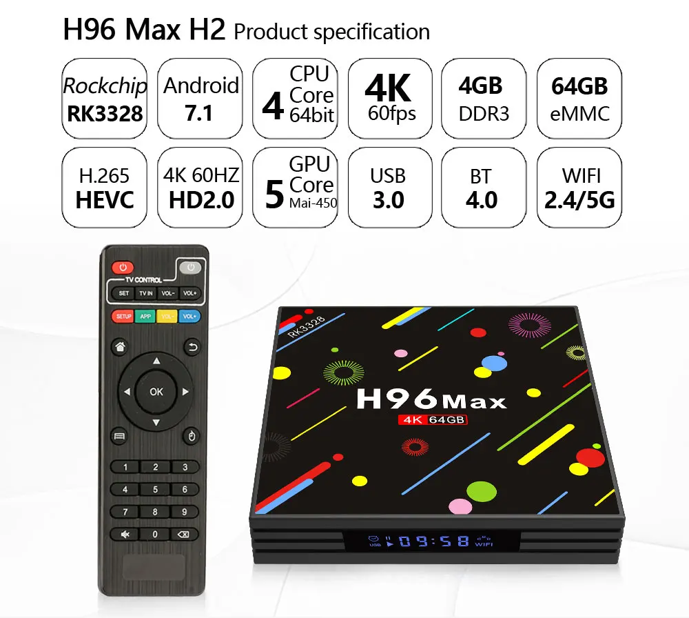 H96 MAX H2 ТВ коробка Android 7,1 4 Гб ОЗУ, 64 Гб ПЗУ Смарт Декодер каналов кабельного телевидения RK3328 4 ядра, Wi-Fi, H.265 4 k HD медиаплеер PK h96 pro