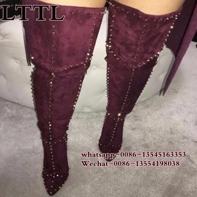 

New spring 2017 blue suede leather high heel Thigh high boots Pointed Toe rivets Studded Over The Knee Stiletto Heels women Boot