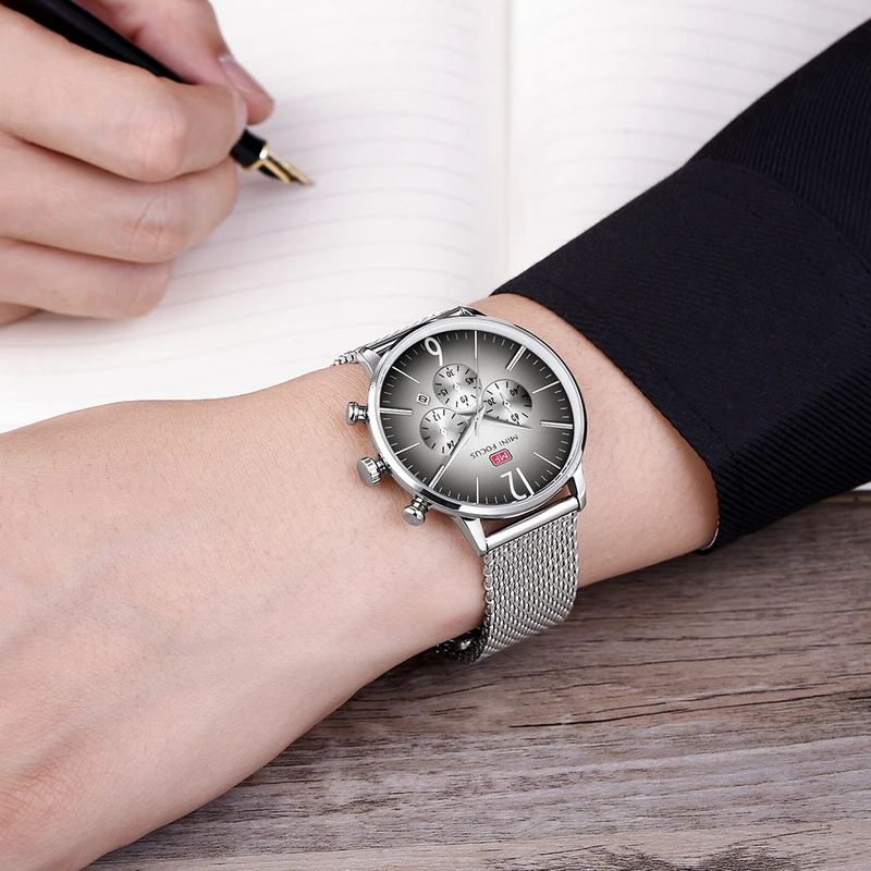 

MINIFOCUS High Quality Stainless Steel Mesh Band Mens' Fashion Watches Male Quartz Watch Waterproof Auto Date Sports Man Clocks