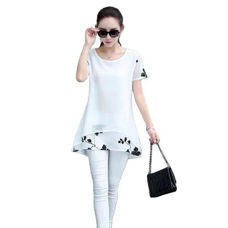 

Chiffon Blouse Loose Short Sleeve Embroidery Flower Print Patchwork Tops Shirts 2018 Women Clothing