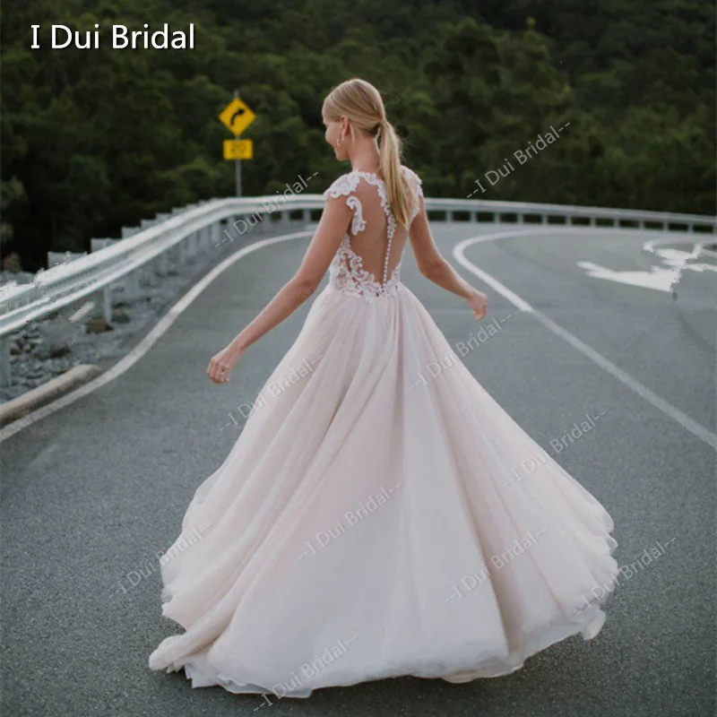 US $189.00 Plunging Neck Lace Wedding Dress A Line Illusion Back Reception Dress Bridal Gown 2020