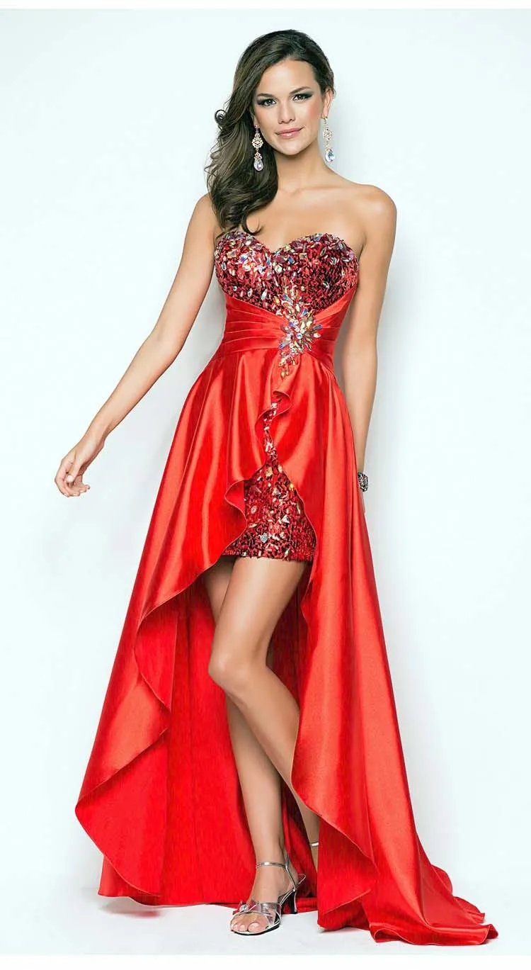 Latest Evening Gown Designs Sweetheart Satin Beaded High Low Red