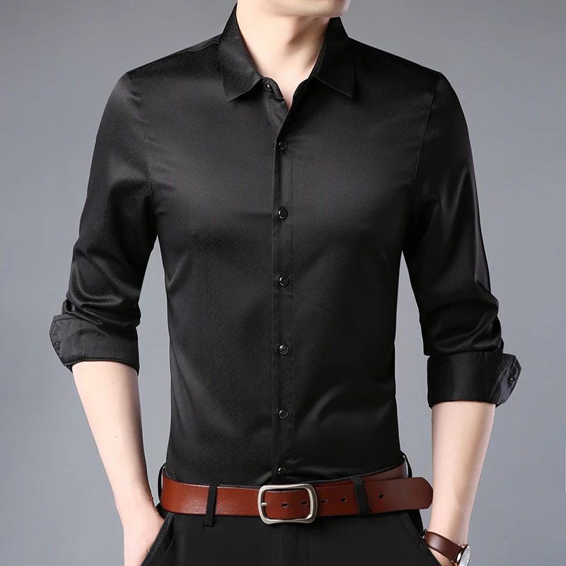 Camisa de manga larga hombre, camisas entalladas de primavera 2019, nuevas para hombre, camisas sólidas, Azul, Negro, Morado, 8643|Camisas informales| - AliExpress