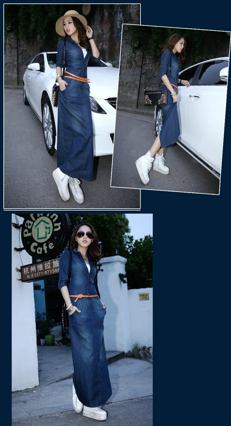 Женское джинсовое длинное платье, осень, Корейская тонкая винтажная женская сумка, джинсовое платье с ремнем, повседневный джинсовый стиль, плюс размер 3XL