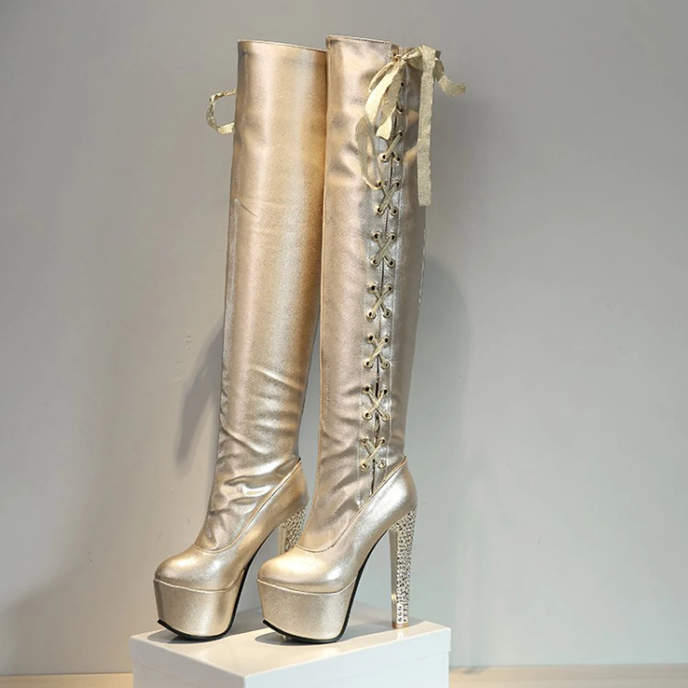 

Plus Size 9 Fall Lady's Fashion Boots Over The Knee Boots Female Platform Thin High Heel Boots Lace Up Ribbon Shoes 689-AC0