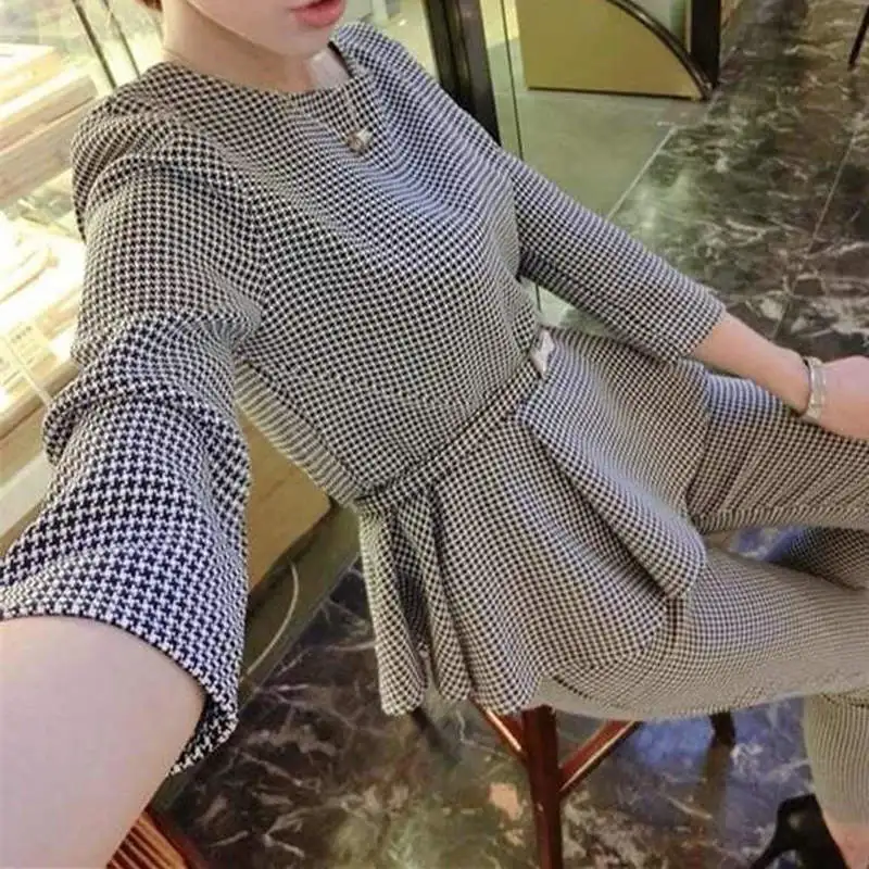 

2019 Spring Autumn Women's Business Pants Suits Office Work Houndstooth Checker Pattern Ruffles Suits for Women 2 Pieces Set