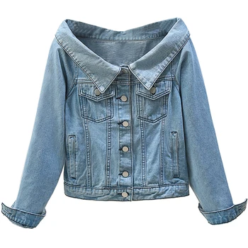 

Women Denim Jacket Spring Autumn Loose slash neck Jeans Jacket Single-breasted Vintage Denim Basic Coat Casual Tops