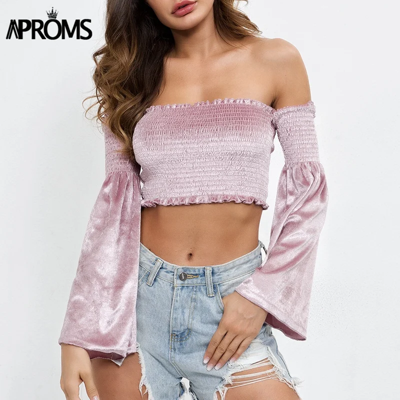 

Aproms Elegant Cool Girls Velvet Off Shoulder Tank Top Women Streetwear Elastic Crop Top Cropped Cami Female Autumn Tee Camisole