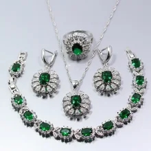 925 Серебряный Зеленый циркониевый белый кристалл женский ювелирный набор серьги кольцо ожерелье Кулон Подарочная коробка для браслета W137