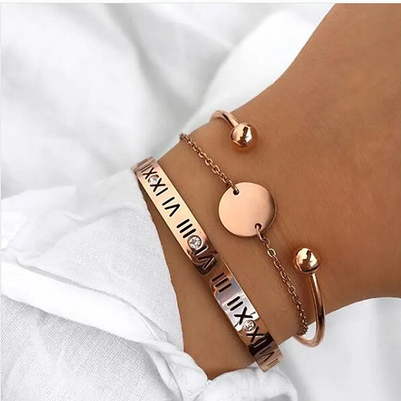 

Mavis Hare Rose Gold Roman Numerals Crystal Bracelet with Circle Coin Bracelet and Ball Cuff Bangle Bracelet Set for Women Gift