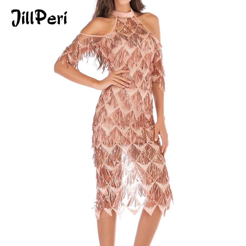 

JillPeri Women Luxury Sequin Tassel Midi Dress Fashion Off the Shoulder Half Sleeve Bling Outfit Elegant Celebrity Party Dress