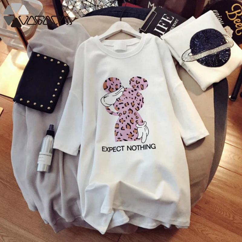 Леопардовая женская футболка с рисунком размера плюс, короткий рукав, черный и белый цвета, Повседневная мини-футболка, модные летние женские футболки с Минни Маус