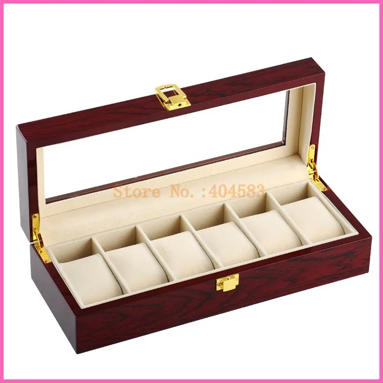 

New High Grade 6 slot Fashion Glossy Lacquered Wooden Watch Box with glass top