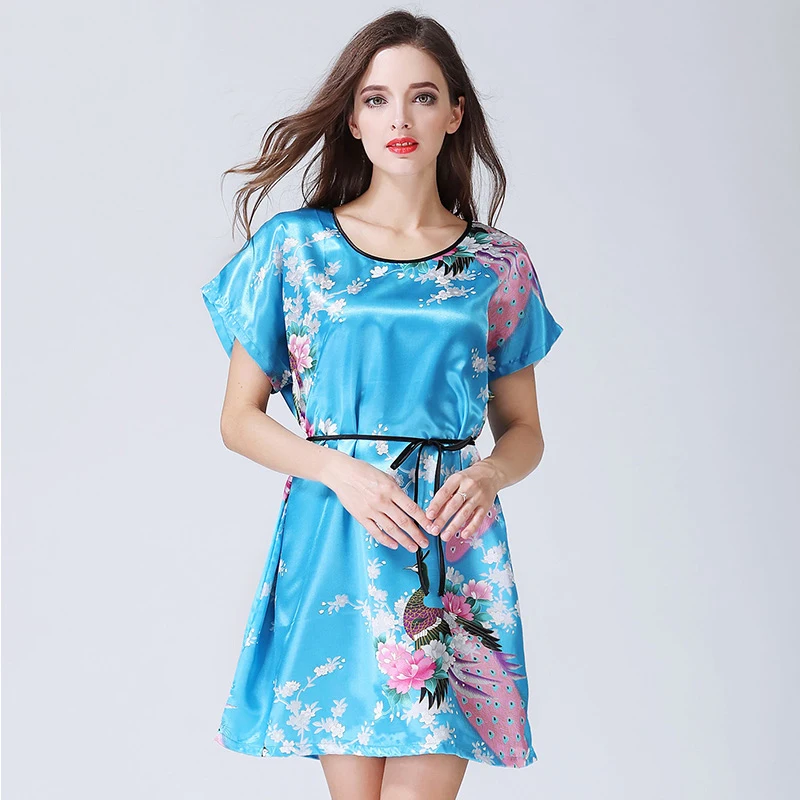 Женская атласная ночная рубашка с цветочным принтом и павлином|sleepwear women|women satinsatin