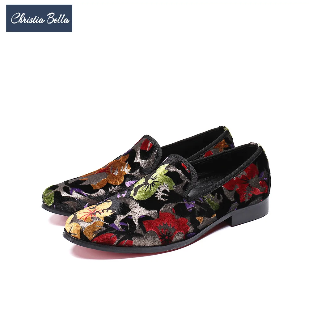 Christia Bella British Style Men Velvet Loafers Wedding Prom Floral Men
