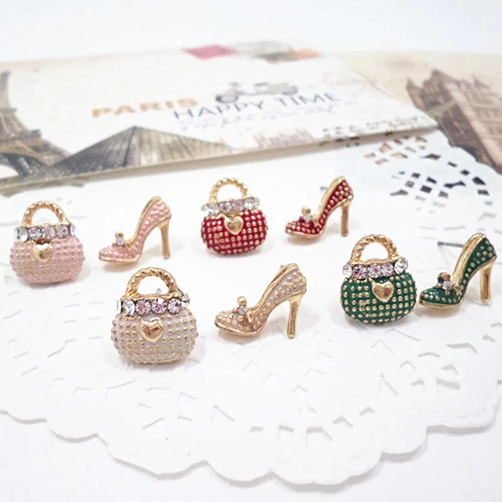 New Fashion Zircon Bags & High Heels Shoe Cute Earrings For Women Gold