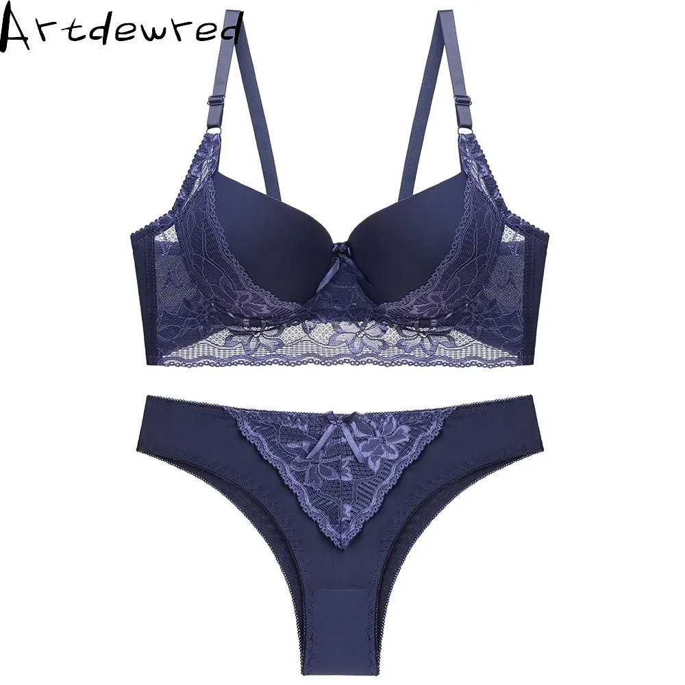 Сексуальный пуш-ап большой размер 36-44 B C чашка женский кружевной бюстгальтер наборы синего белья Комплект цветочного нижнего белья нижнее белье для женщин