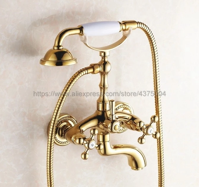 Dual Cross Handles Wall Mounted Polished Gold Brass Bathroom Tub Faucet with Hand Held Shower Sprayer Ntf082
