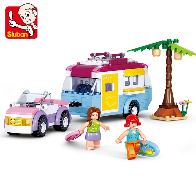 

SLUBAN 0606 281pcs Pink Dream Girl Friend Camper Camping Car Vacation Building Blocks DIY Brick Toys for Children Christmas Gift
