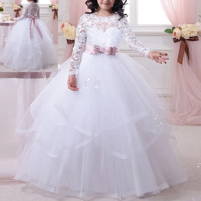 Платье принцессы для маленьких девочек кружевное платье с бисером для детей, свадебное платье подружки невесты для дня рождения, длинное платье из тюля для девочек, От 2 до 13 лет - Цвет: F