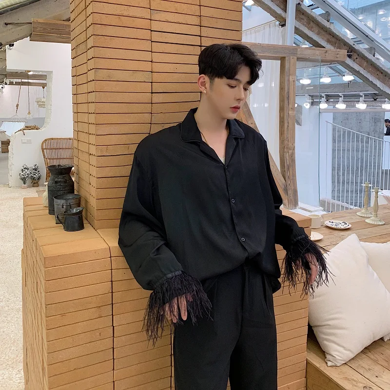

Male Harajuku Streetwear Vintage Dress Shirts Men Casual Loose White Black Hair Long Sleeve Shirts Men Spring Summer Clothing
