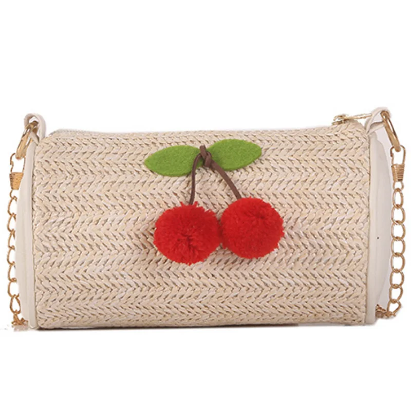 

New Cherry Decorative Straw Cylindrical Handbags Shoulder Diagonal Korean Bag