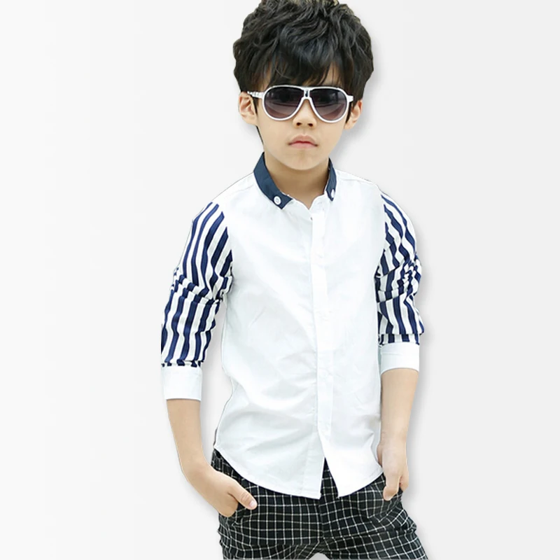 Boys Shirt Children Blouse New 2016 White Patchwork Striped Sleeve kids