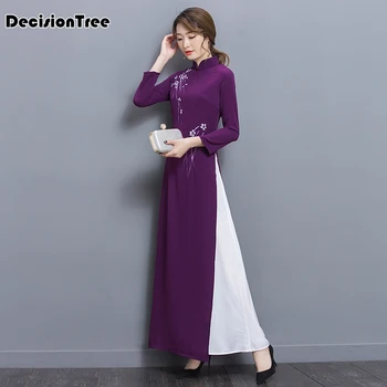 

2020 AoDai women qipao Chinese style Elegant Qipao Stand Collar Long Sleeve Casual Chiffon Long aodai qipao