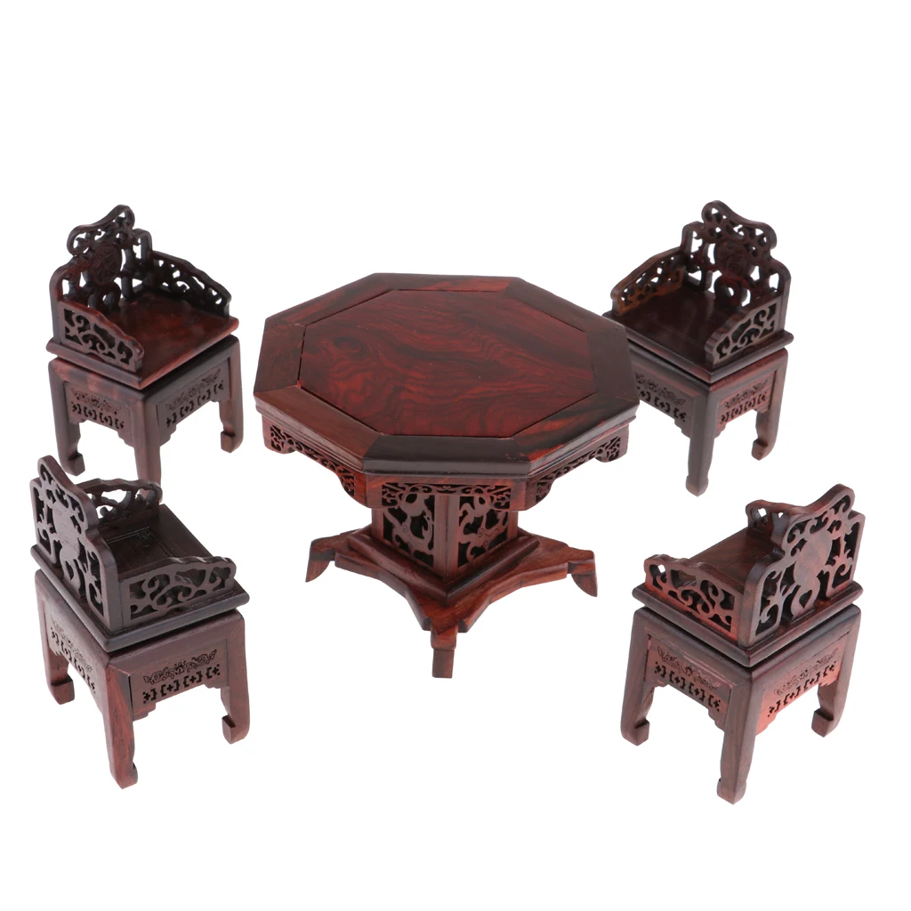 

5Pieces Ancient Chinese Rosewood Tea Table Armchair Kit for 1/6 Doll House Fairy Garden Accessory Decor Toy
