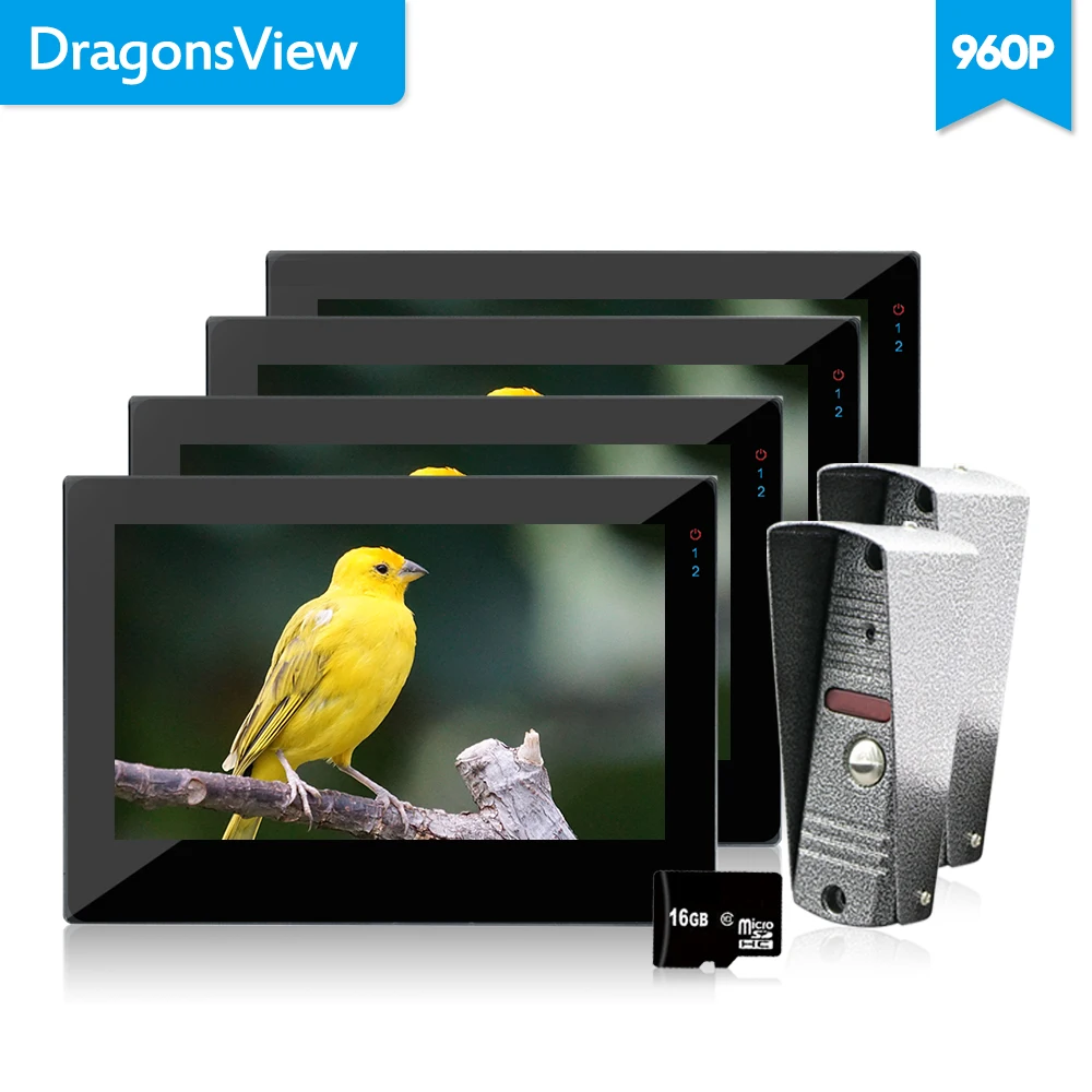 

Dragonsview Video Door Phone Touch Screen 7 inch 960P Video Home Intercom System 4 Monitors 2 HD Bell with Camera Unlock Record