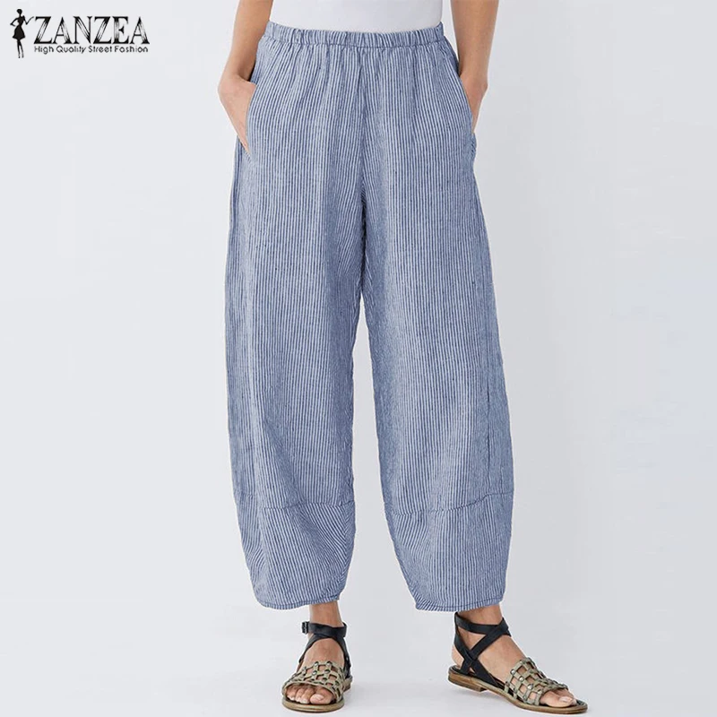 Женские полосатые штаны ZANZEA, винтажные штаны с эластичной резинкой на талии, женские уличные Панталоны Палаццо размера плюс, женские брюки-фонарики