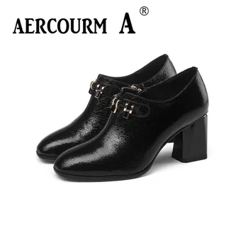 

Aercourm A Fashion Quality Cow Leather Thick High Heels Square Toe Pumps Shoe Heel Women Sexy Genuine Leather Shoes Size 34-43