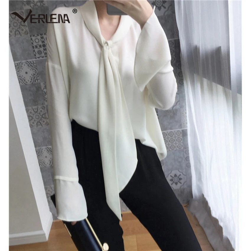 

Bow Ribbon Scarf Style 26mm 100% Silk White Blouse Elegant Self-Tied Collar Korean Fashion Vintage Shirt Long Flare Sleeve Tops