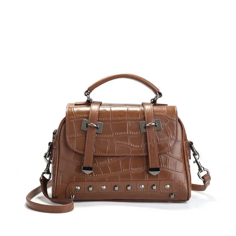 

New Vintage Women Tote Handbags Crocodile Pattern Rivet Female Leather Crossbody Bag High Quality Women Shoulder Bag