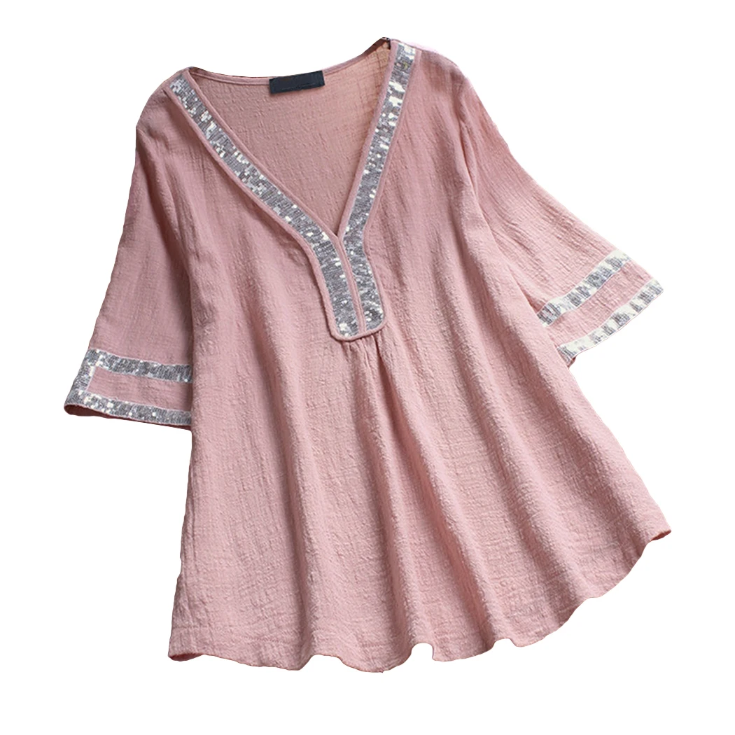Летняя пуховая блузка свободного кроя с блестками топы женские сексуальные с v-образным вырезом рубашки с коротким рукавом женский жакет женская кофта плюс размер - Цвет: Light Pink