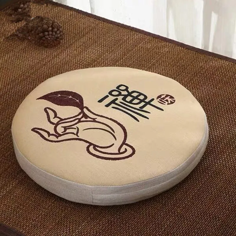 

Beige Round Lotus Linen Floor Cushion Tatami Meditation Cushion Remove and Washable Multi-function Seat Cushion 6cm thickness