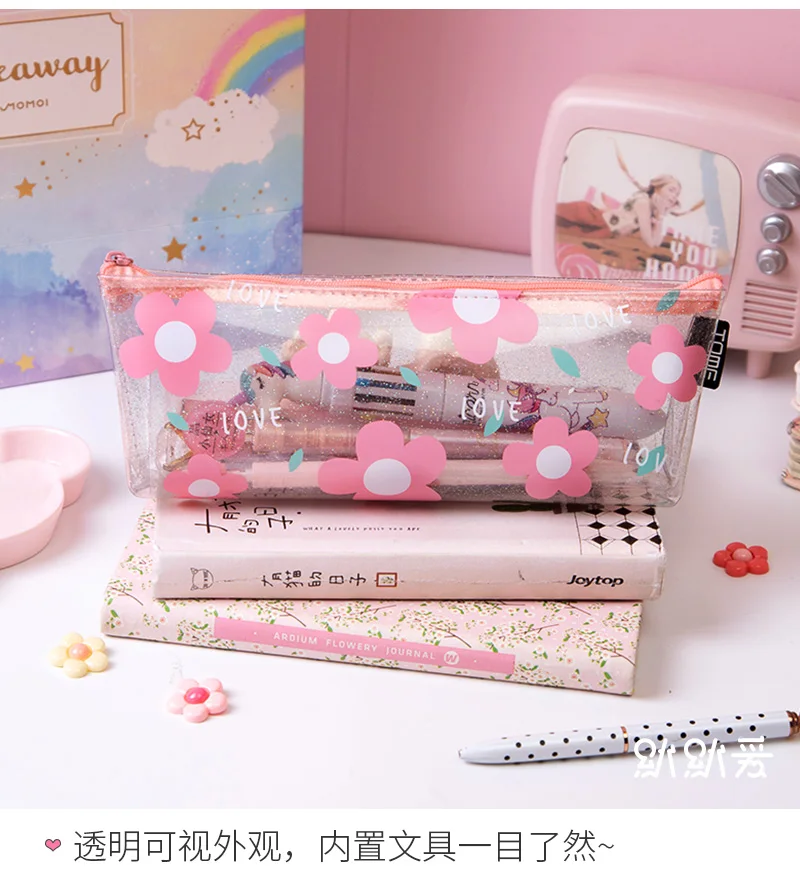 1Pcs Kawaii Pencil Case Flower transparent Gift Estuches School Pencil Box Pencilcase Pencil Bag School Supplies Stationery