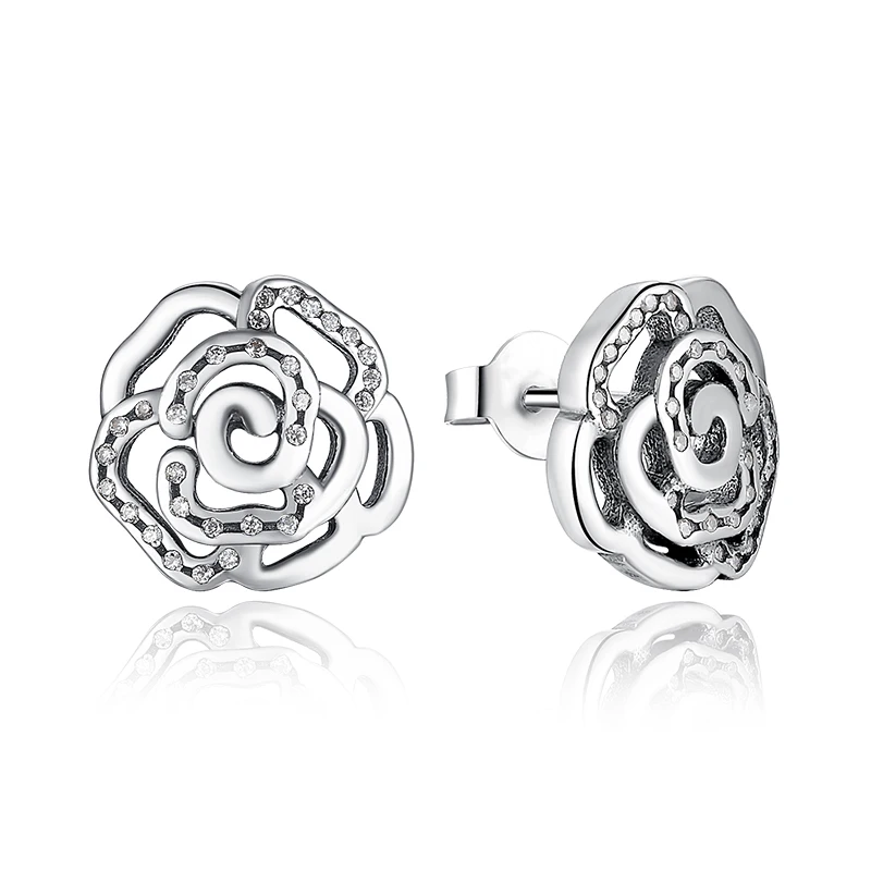 ZMZY, антикварные, оригинальные, 925 пробы, серебряные, мерцающие лепестки роз, цветок, серьги-гвоздики с прозрачным CZ, модные ювелирные изделия для женщин