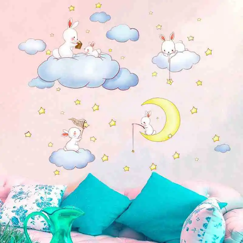 И Мультяшные животные белые облака кролик Звезда Луна настенные наклейки детские комнаты детская спальня домашний декор Луна и настенные наклейки со звездами