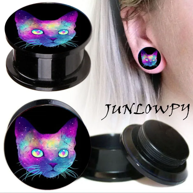 

Black Acrylic Colorful Cat Hollow Ear Plug Tunnels Piercing Expanders Gauge Stretcher Saddle Body Jewelry 1 pair piercing ear
