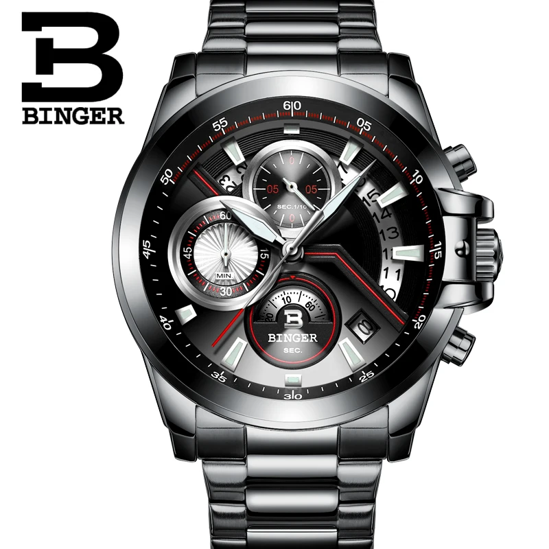 Мужские часы, Роскошные, Лидирующий бренд, Бингер, большой циферблат, дизайнерский хронограф, водонепроницаемые, полностью из нержавеющей стали, кварцевые мужские часы, B-9016-4